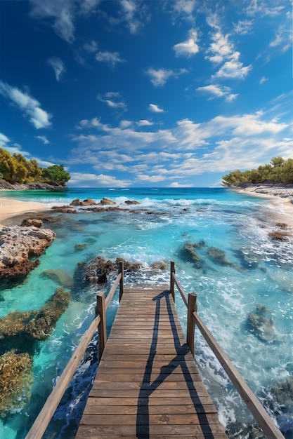 Vue depuis une jetée qui se jette dans la mer dans un magnifique paysage AI générative