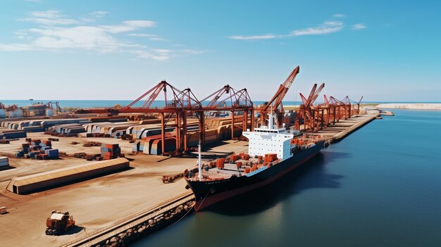 vue depuis le port avec un navire et des grues