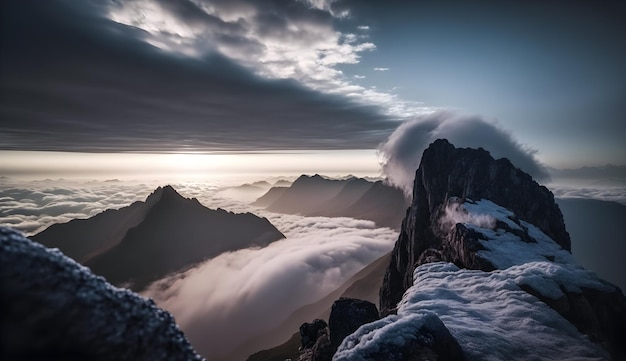 La vue depuis le sommet de la montagne couverte d'une mer de nuages ai générative