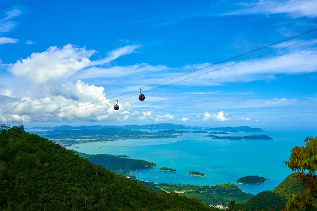 Vue depuis un téléphérique haut dans les montagnes sur l'île tropicale de Langkawi. Paysage naturel incroyable.