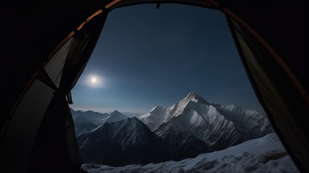 Vue depuis la tente du camp jusqu'aux sommets enneigés de la nuit loisirs actifs générés par l'IA