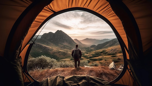 Vue depuis la tente touristique sur les montagnes avec une ai générative touristique