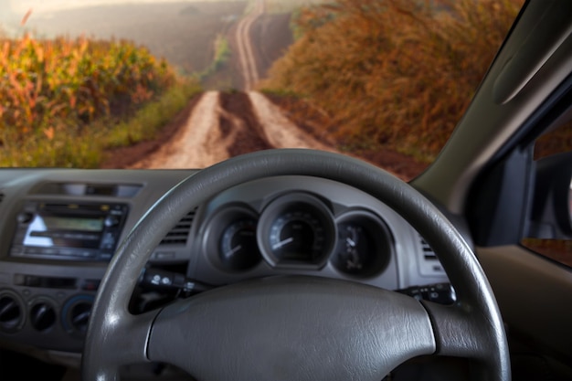 Photo vue depuis la voiture sur le chemin de terre et le pré