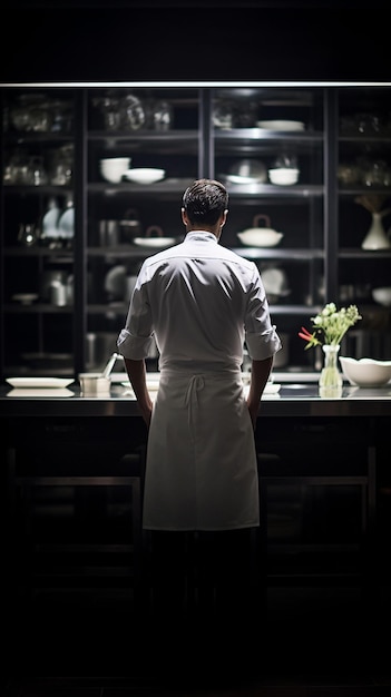 vue de derrière d'un chef en train de cuisiner