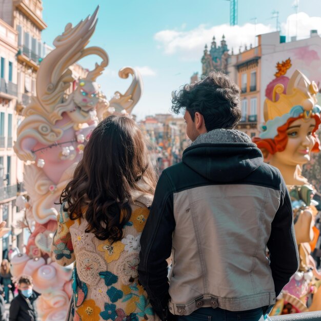 Photo vue de derrière un couple vue du monument impressionnant de la fête de las fallas à valence