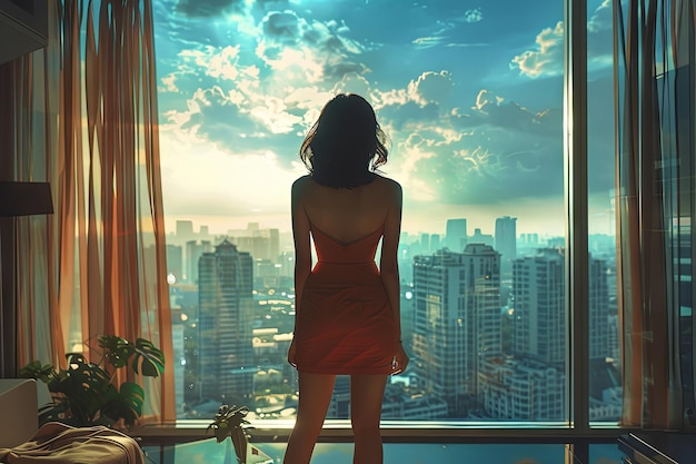 Vue de derrière d'une femme dans une fenêtre de luxe moderne