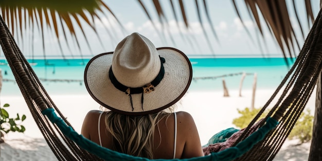 Vue de derrière une femme portant un chapeau de soleil se relaxant dans un hamac sur une plage tropicale ai générative