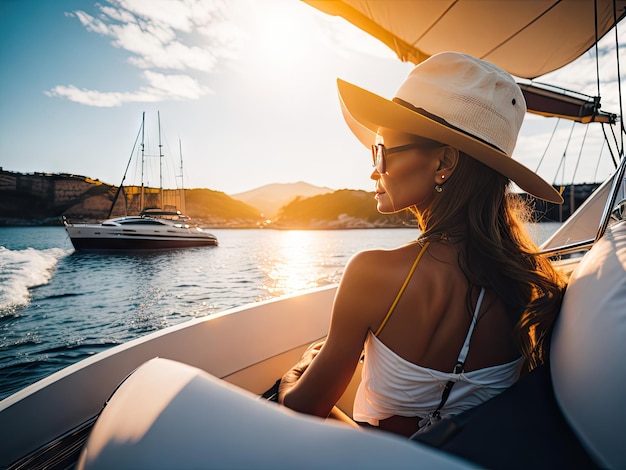 Photo vue de derrière une femme relaxante sur un yacht de luxe ai générative