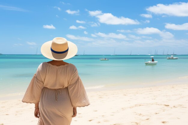 Vue de derrière d'une femme en surpoids non accompagnée faisant une promenade solitaire sur la plage de sable