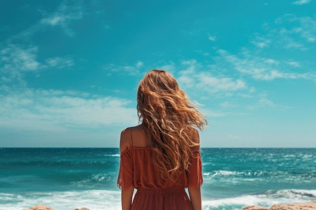 Vue de derrière d'une jeune femme en robe rouge regardant la mer Vue de fond d'une femme appréciant la vue sur la plage ou l'océan