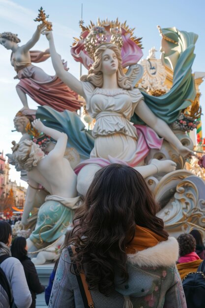 Photo vue de derrière un peuple vue du monument impressionnant de la fête de las fallas à valence