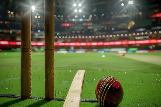 vue de derrière le wicket d'un stade de cricket intérieur