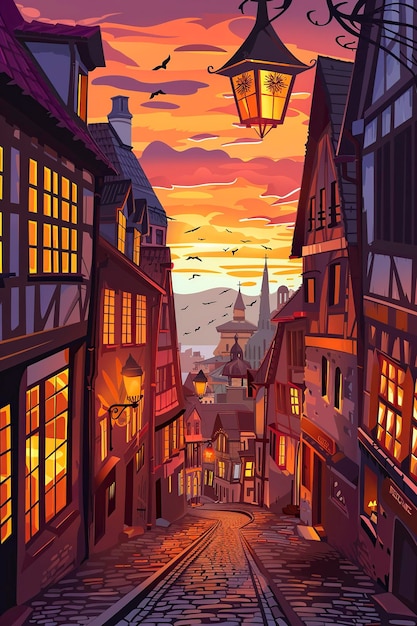 vue de dessin animé d'une vieille rue européenne au crépuscule