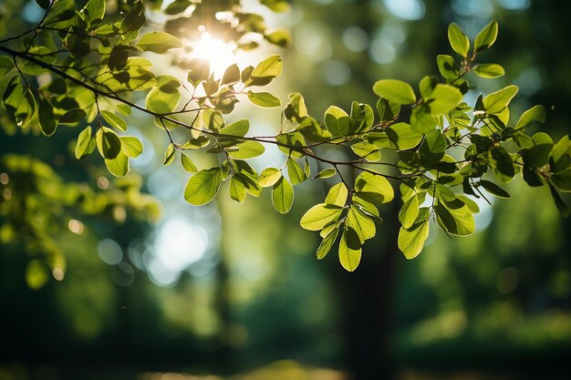 Vue de dessous du feuillage vert frais avec tronc flou