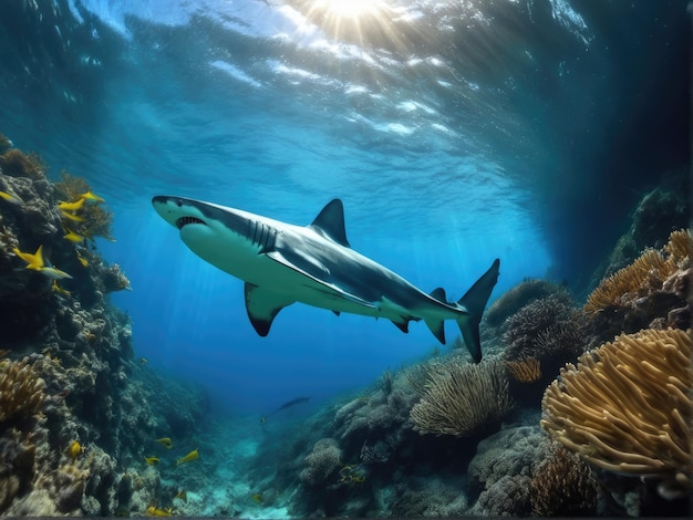 Vue de dessous du requin de l'océan d'en bas Ouvrez la bouche dangereuse à pleines dents