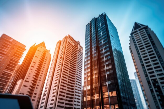 Vue de dessous des gratte-ciel modernes dans le quartier des affaires contre le ciel bleu