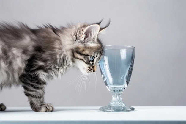 Vue de dessous d'un mignon chaton maine coon tabby bleu léchant une table en verre sur fond gris