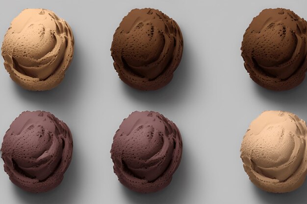 Vue de dessus 3D de huit glaces à la crème glacée au chocolat isolées sur fond coloré