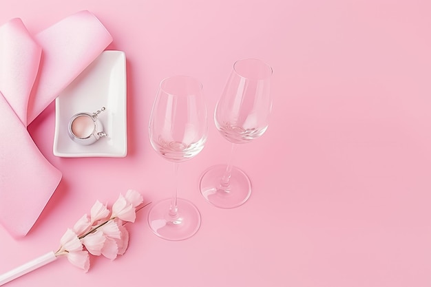 Vue de dessus de l'anneau de verre à vin et des roses roses avec espace de copie généré par Ai