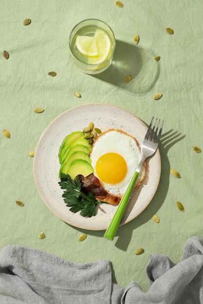 Vue de dessus de l'assiette avec des aliments diététiques céto et des graines de citrouille