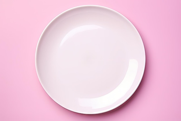 Vue de dessus d'une assiette blanche sur une surface rose