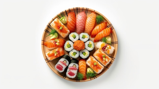 vue de dessus une assiette divers sushis