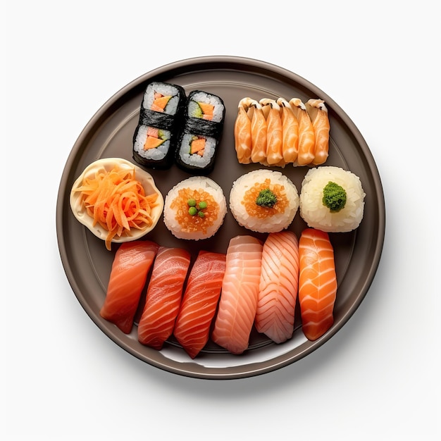 vue de dessus une assiette divers sushis