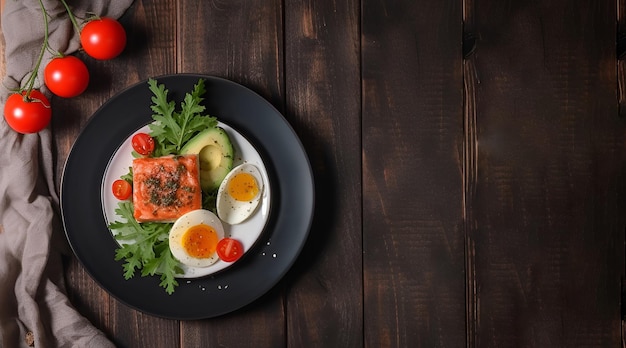 Photo vue de dessus d'une assiette avec du saumon et des légumes pour un régime cétogène régime faible en glucides l'idée d'une consommation consciente d'aliments riches en graisses saines sur une table en bois avec espace de copie généré par l'ia