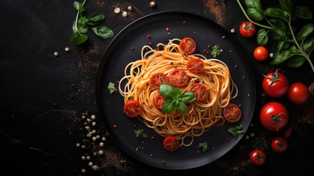 Vue de dessus de l'assiette sombre avec des spaghettis italiens sur fond sombre