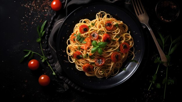 Vue de dessus de l'assiette sombre avec des spaghettis italiens sur fond sombre