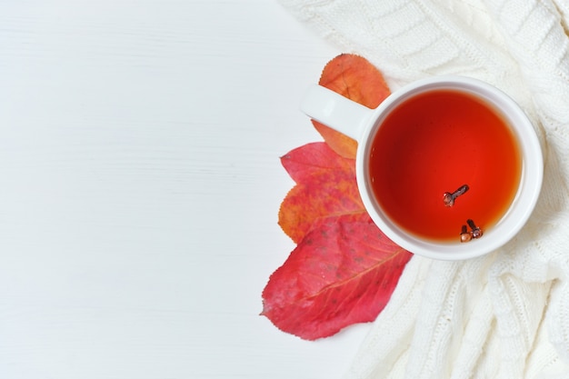 Vue de dessus automne concept avec thé et feuilles sèches sur blanc