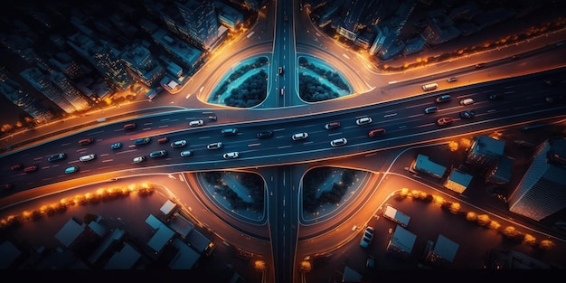 Vue de dessus de l'autoroute Trafic routier une importante infrastructure de transport du trafic automobile au-dessus de la route d'intersection dans la nuit de la ville