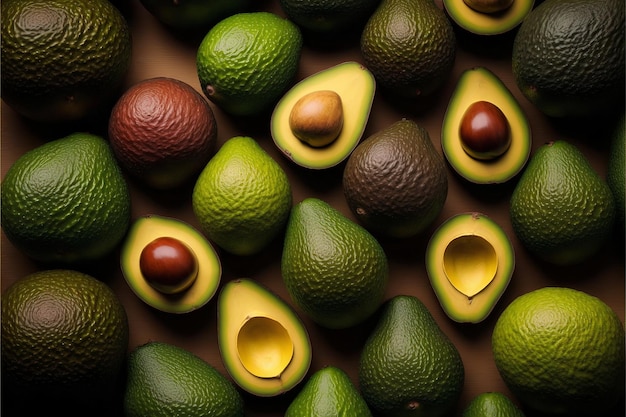 Vue de dessus d'avocats mûrs frais sur table en bois