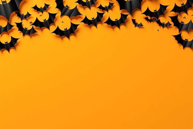 Vue de dessus de la bannière d'Halloween avec des chauves-souris noires sur fond orange Matériel promotionnel pour les vacances