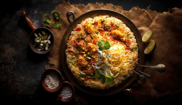 Vue de dessus de Biryani est un plat traditionnel composé de riz basmati et de poulet