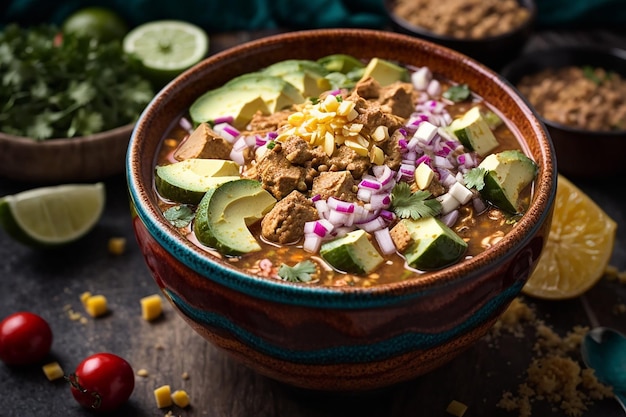 vue de dessus sur un bol de pozole appétissant