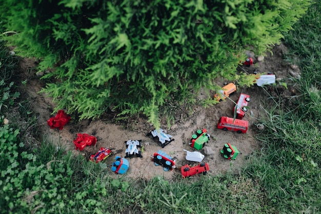 Photo vue de dessus des buissons de jardin avec de nombreux jouets en plastique voitures bébé jouer à l'extérieur