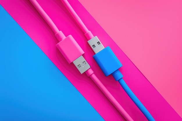 Vue de dessus des câbles USB de couleur rose fluo et bleu sur fond de carton coloré