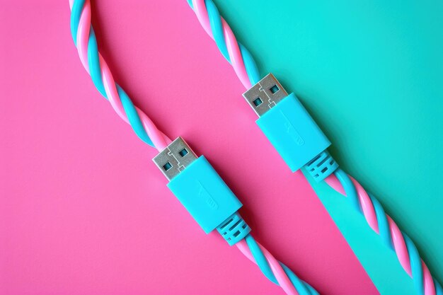 Vue de dessus des câbles USB de couleur rose fluo et bleu sur fond de carton coloré