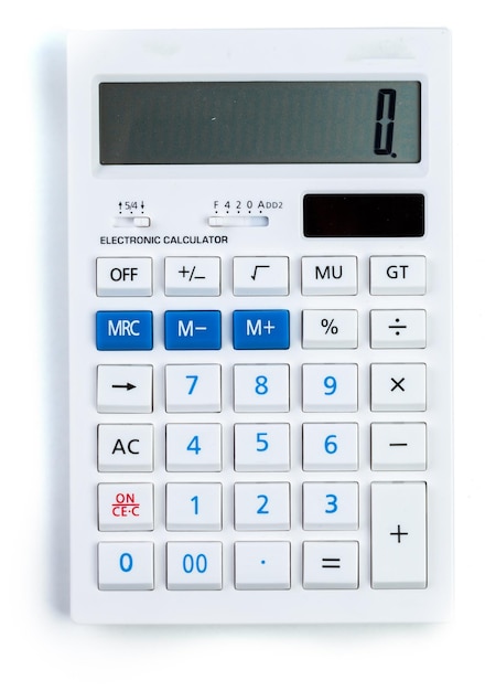 Photo vue de dessus d'une calculatrice isolée sur fond blanc