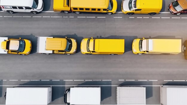 Vue de dessus des camions jaunes Illustration AI GenerativexA