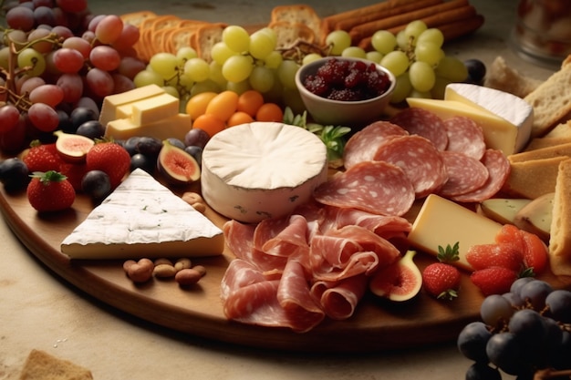 Vue de dessus Charcuterie gastronomique et plateau de fromages Généré par l'IA