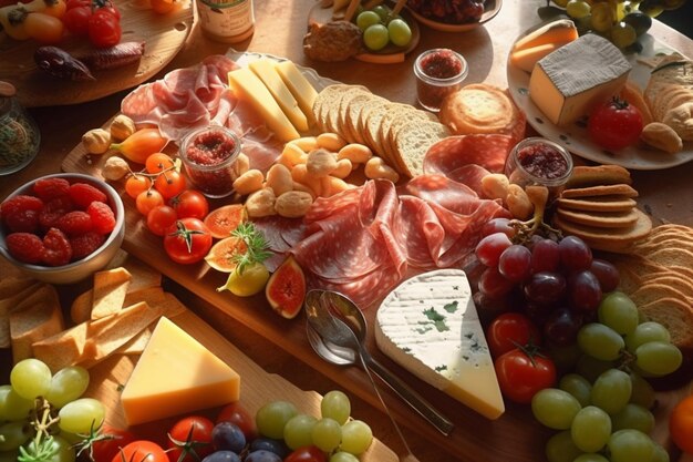 Vue de dessus Charcuterie gastronomique et plateau de fromages Généré par l'IA