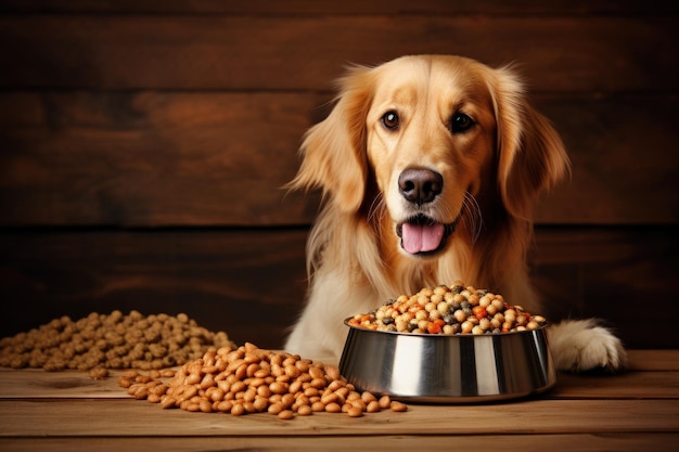 Vue de dessus d'un chien près de son bol de nourriture naturelle en regardant la caméra