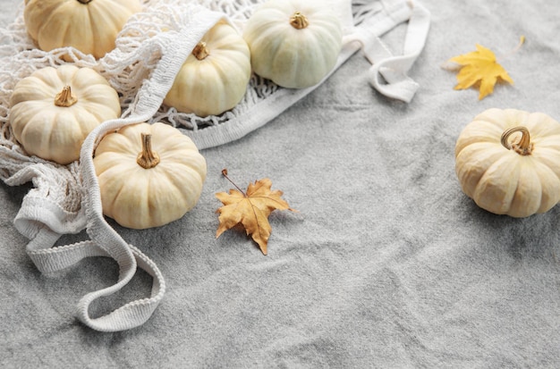 Vue de dessus composition d'automne avec des citrouilles dans un sac à provisions en maille