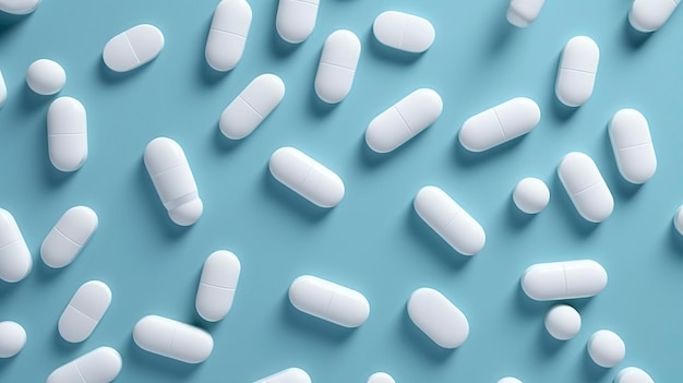 Vue de dessus comprimés de médecine blanche pilules antibiotiques sur un fond bleu doux espace de copie thème pharmacie