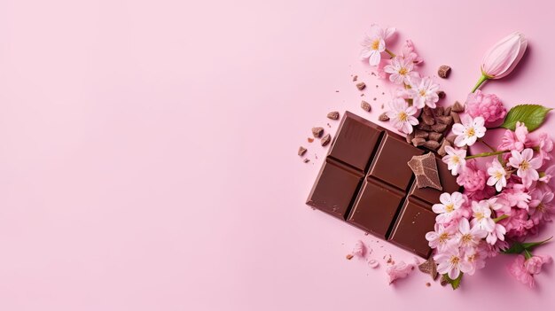 Vue de dessus de la conception de la bannière de la Saint-Valentin d'une collection de barres de chocolat et de pépites de fleurs roses