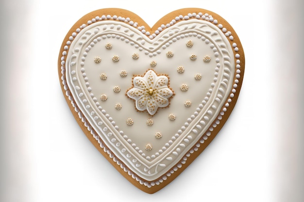 Vue de dessus d'un cookie en forme de coeur décoré sur fond blanc