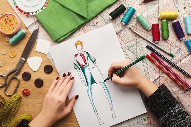 Vue de dessus sur le créateur de mode au travail. Mains féminines dessinant un croquis de vêtements dans son espace de travail créatif, vue de dessus