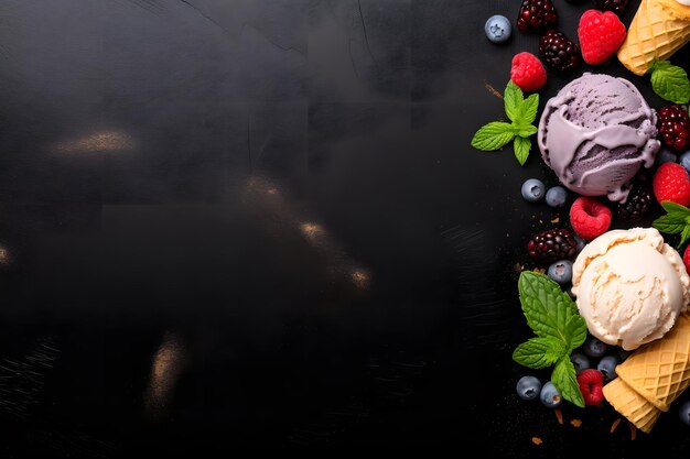 Vue de dessus de la crème glacée et des fruits autour du tableau noir